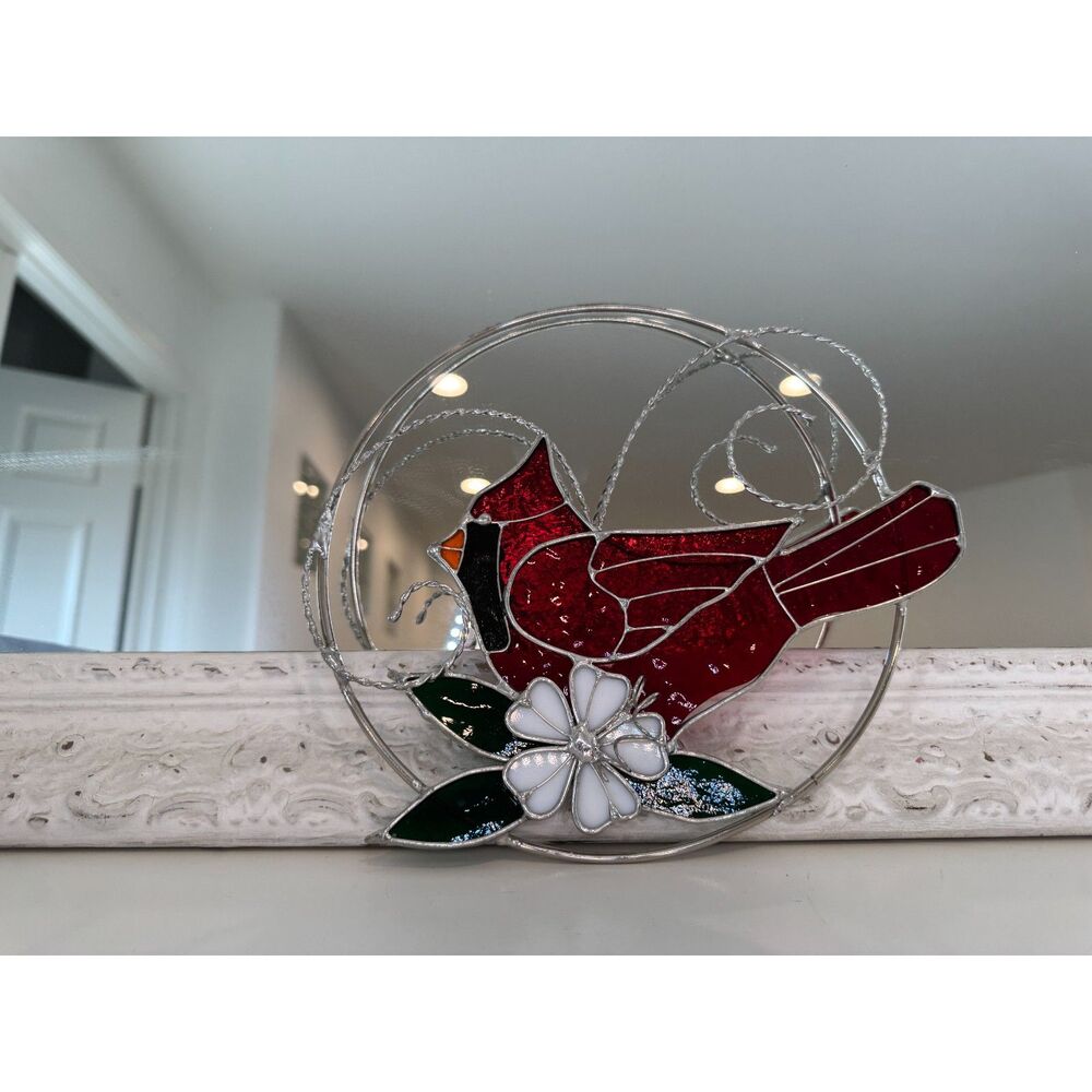 Handmade Stained Glass Cardinal Red Bird Metal Circle Decor Accent